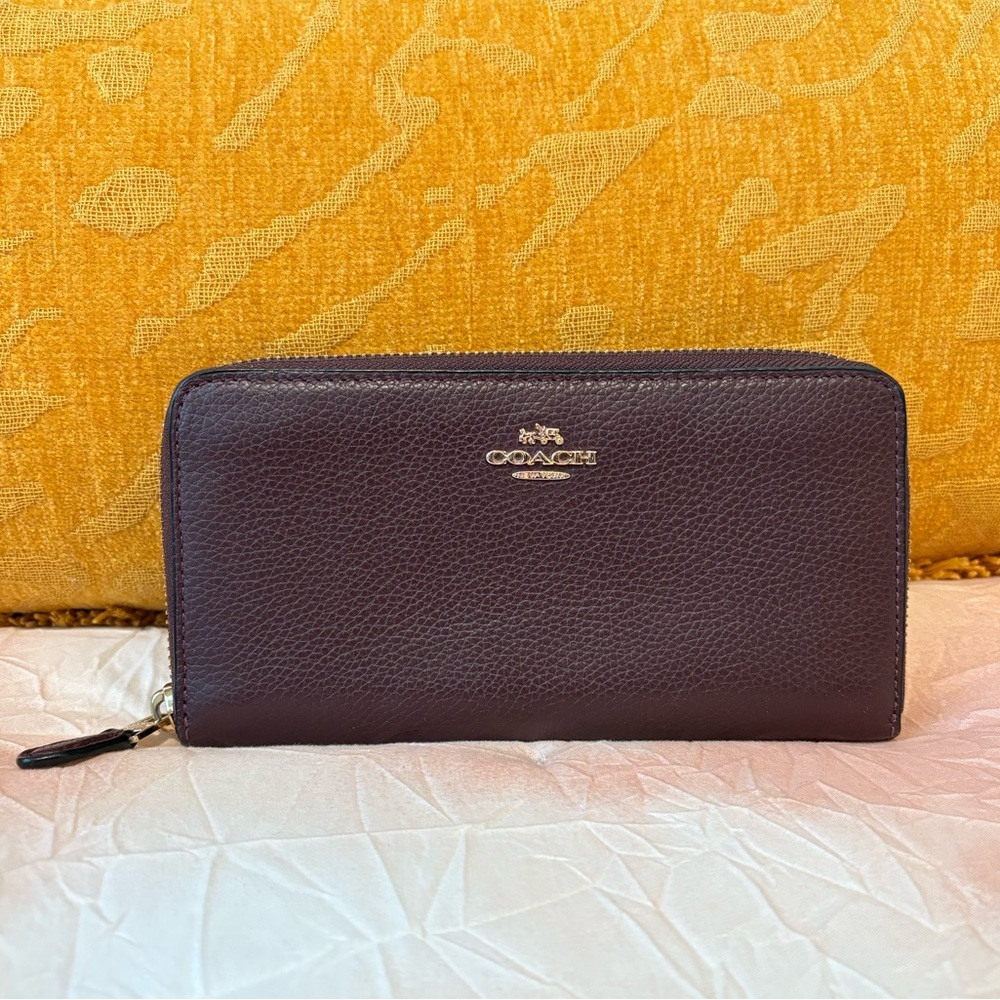 Coach Burgundy Pebbled Leather Long Zip Around Wallet